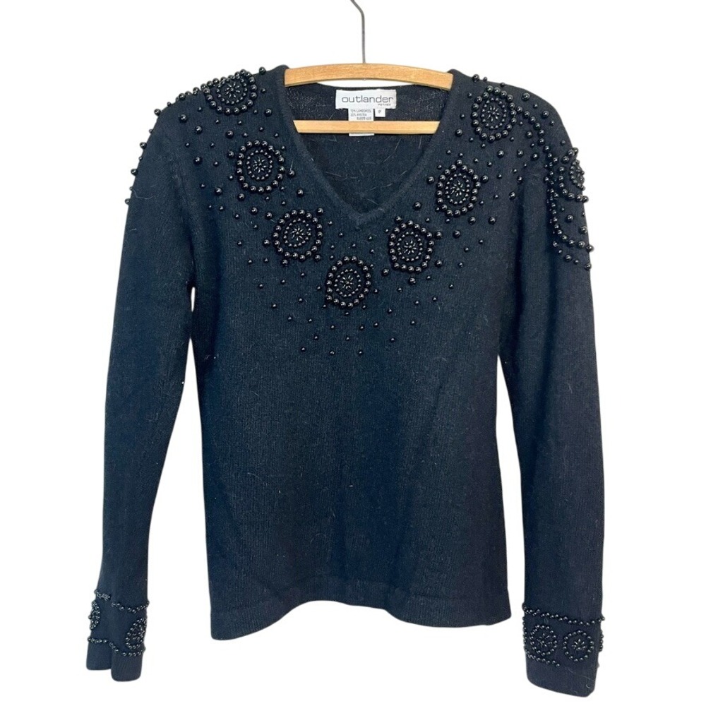 Vtg Lambswool Angora Rabbit OUTLANDER‎ Sweater Beaded 80s Black wool Petite